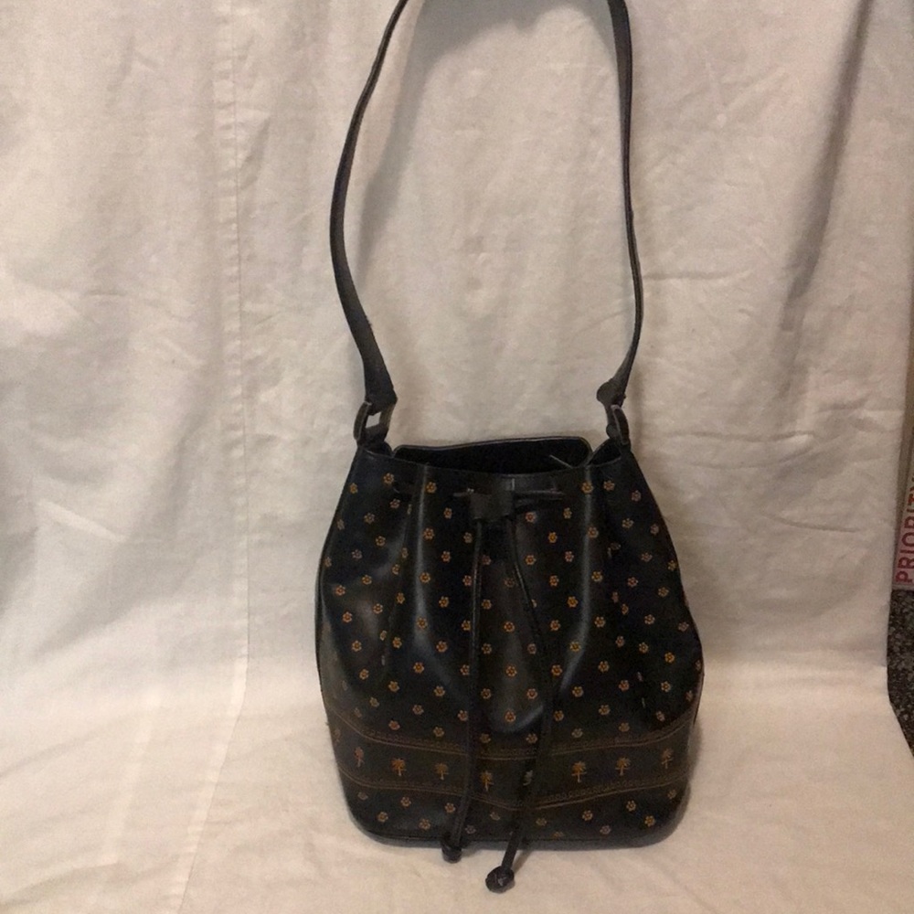 Hobo Bag by ADRIENNE VITTADINI Black Leather with Orange Flowers